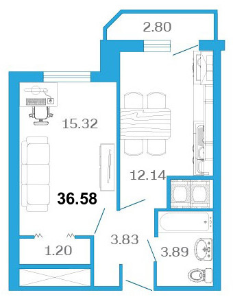 Однокомнатная квартира 38.3 м²